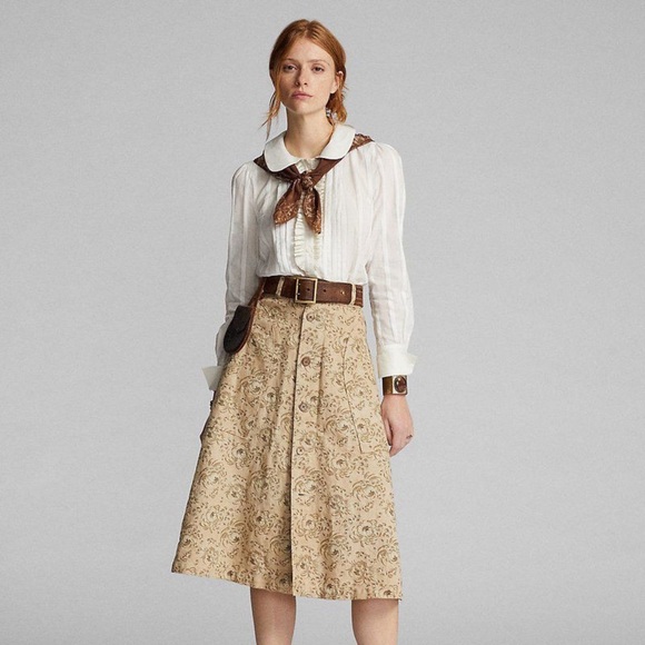 Ralph Lauren RRL Floral Print Linen Midi Skirt Full Vintage Floral A Line Knee 2 - Picture 8 of 11